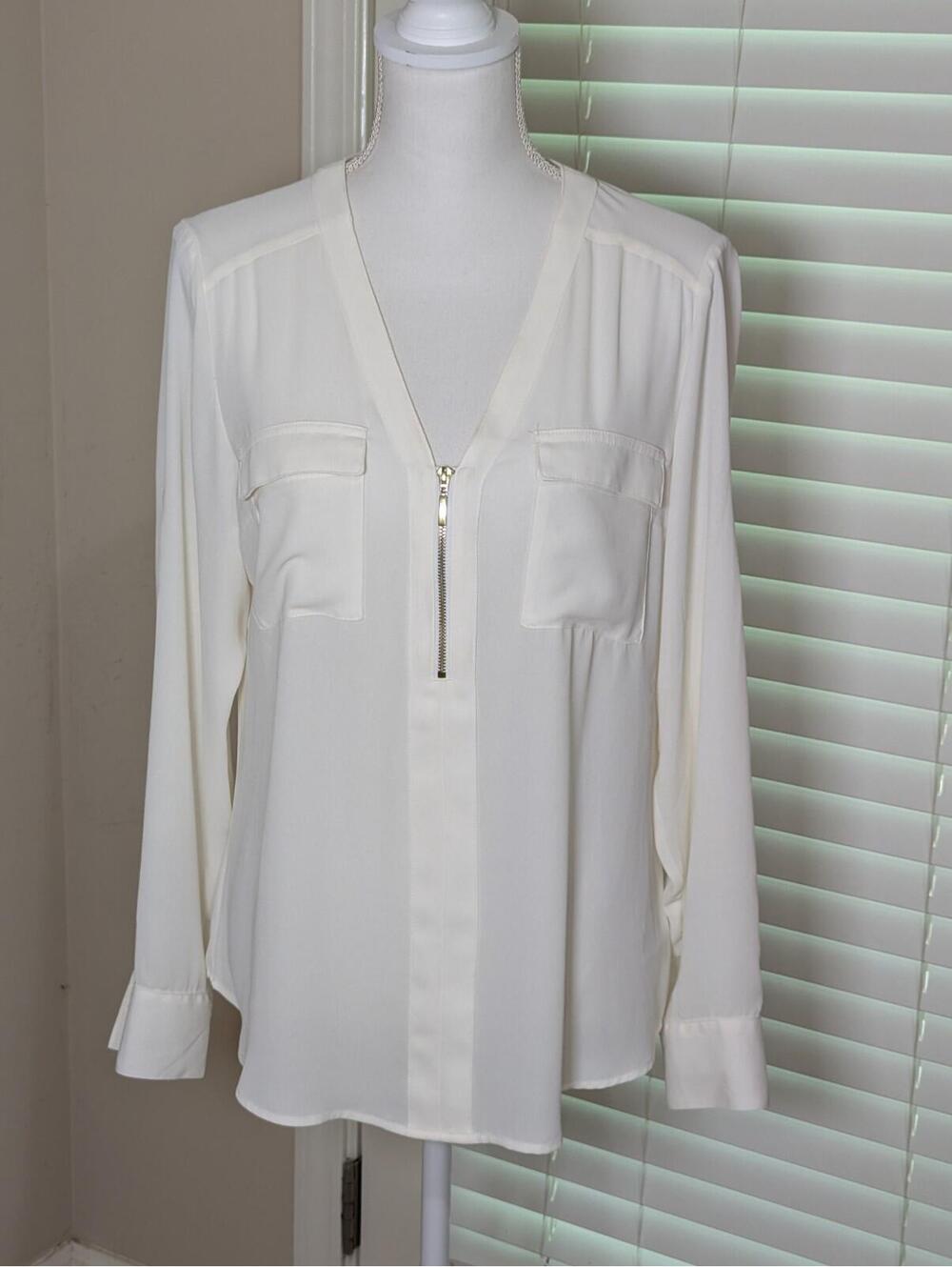 Express Women's Y2K Off White Half Zip Sheer Blouse Medium Long Sleeve